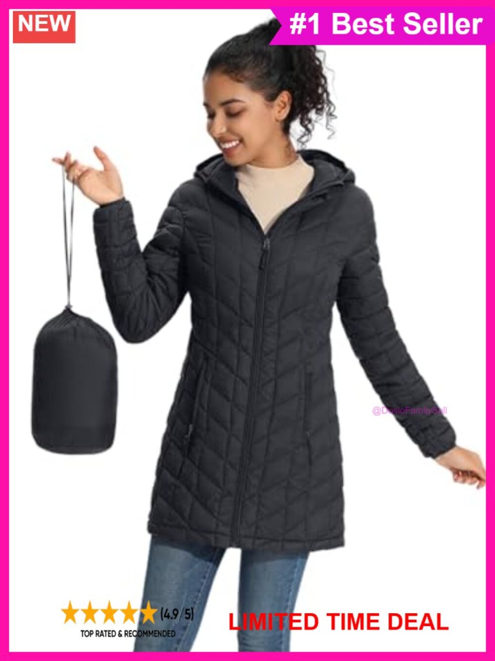 Packable Lightweight Puffer Jacket Mid-Length Quilted Hooded Coat Zipper Pockets
